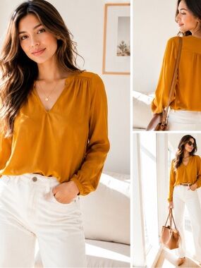 Banana Republic Mustard Satin V-Neck Blouse